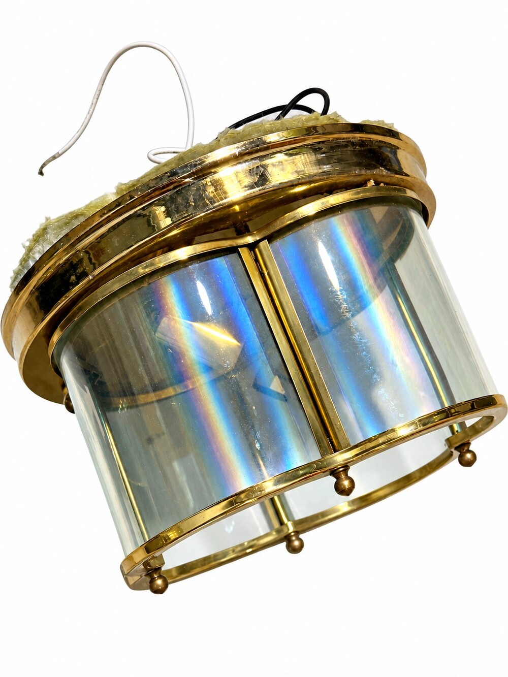 Vintage 2 Light Iridescent Glass & Brass Flush Mount Ceiling Light Fixture